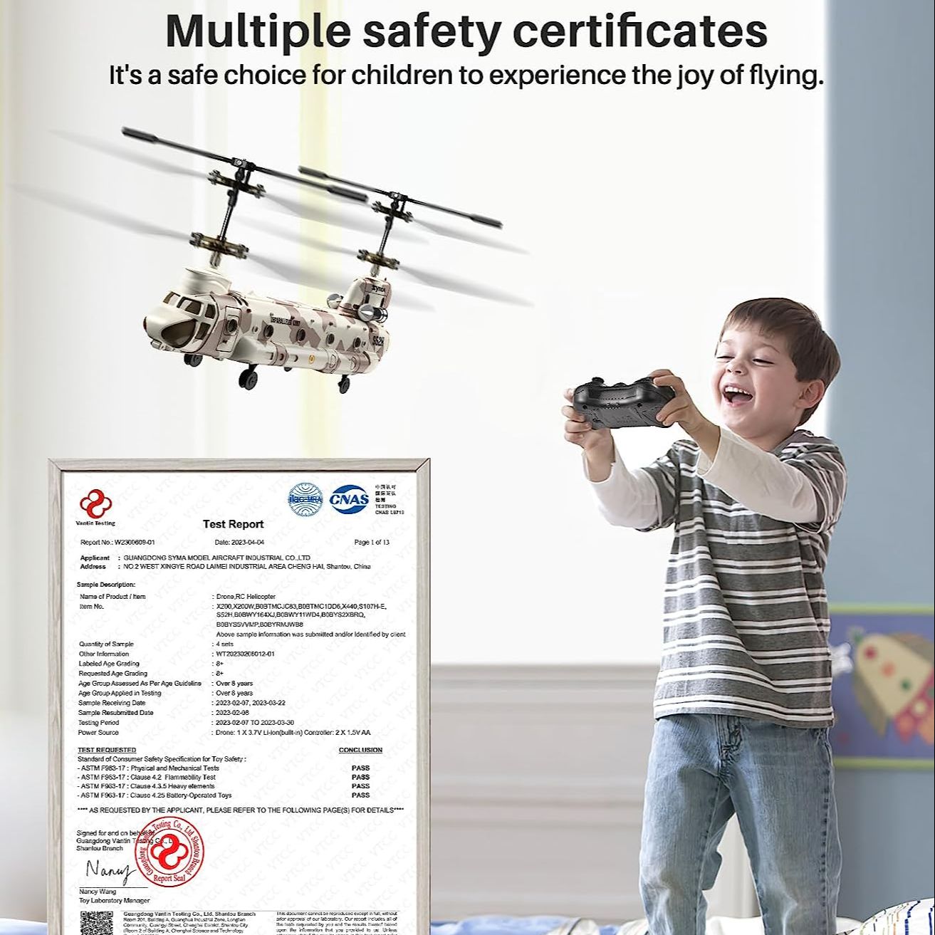 multiple safety certificates for children to experience the joy of flying . a safe choice for children