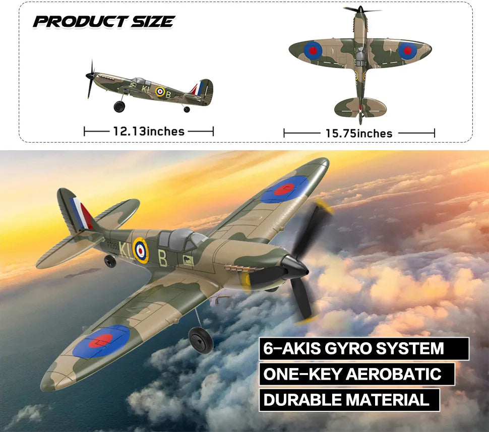 761-12 Spitfire RC Airplane, 6-AKIS GYRO SYSTEM ONE-KEY AEROBATIC