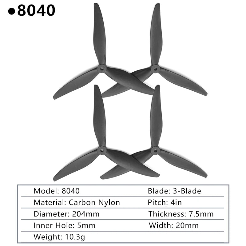 2PAIRS GEMFAN Drone Propeller, 8040 Blade: 3-Blade Material: Carbon Nylon Pitch: 4in Diameter