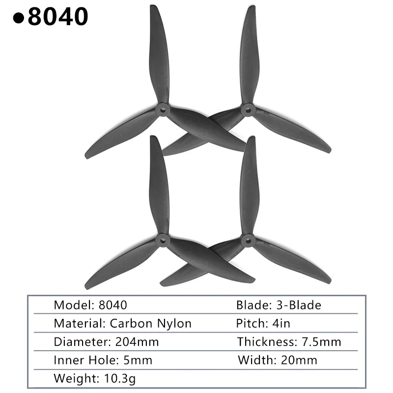 2PAIRS GEMFAN Drone Propeller. 8040 Blade: 3-Blade Material: Carbon Nylon Pitch: 4in Diameter