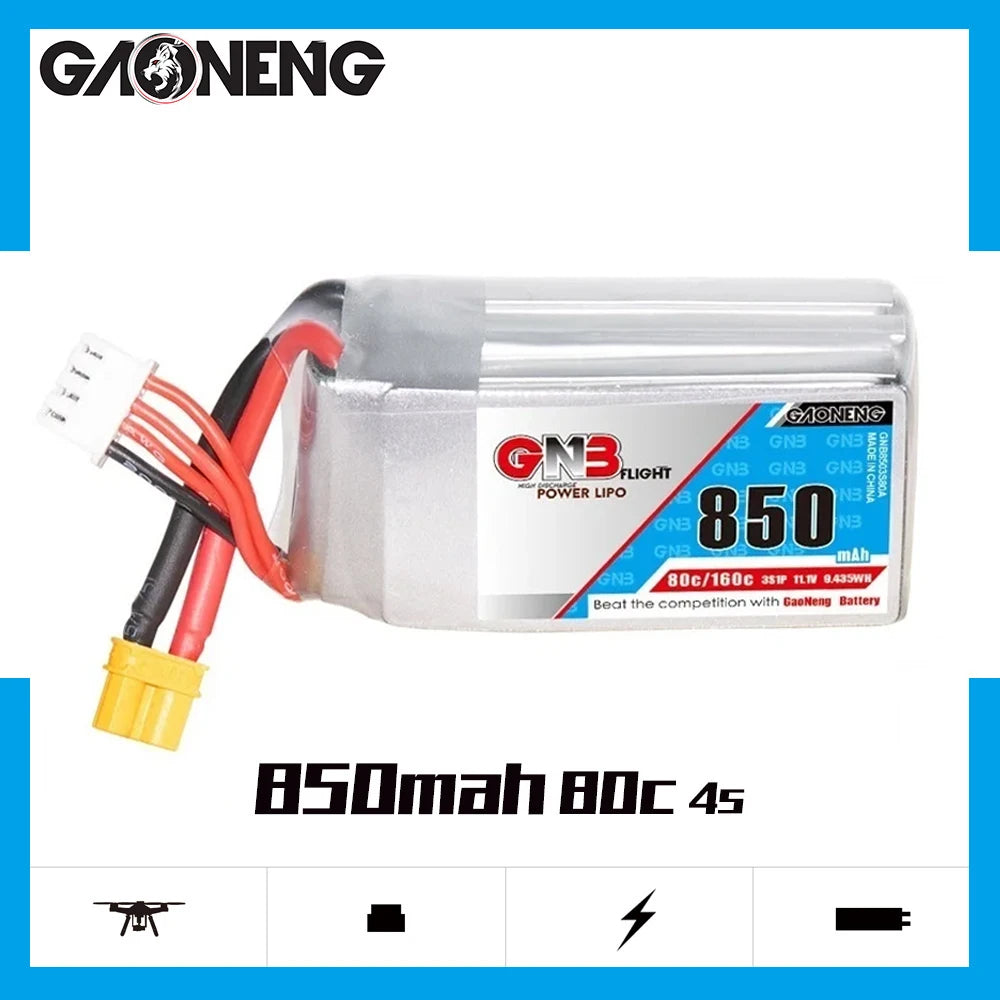 FPV রেসিং ড্রোনের জন্য GNB 4S 14.8V 850mAh 80C/160C Lipo ব্যাটারি