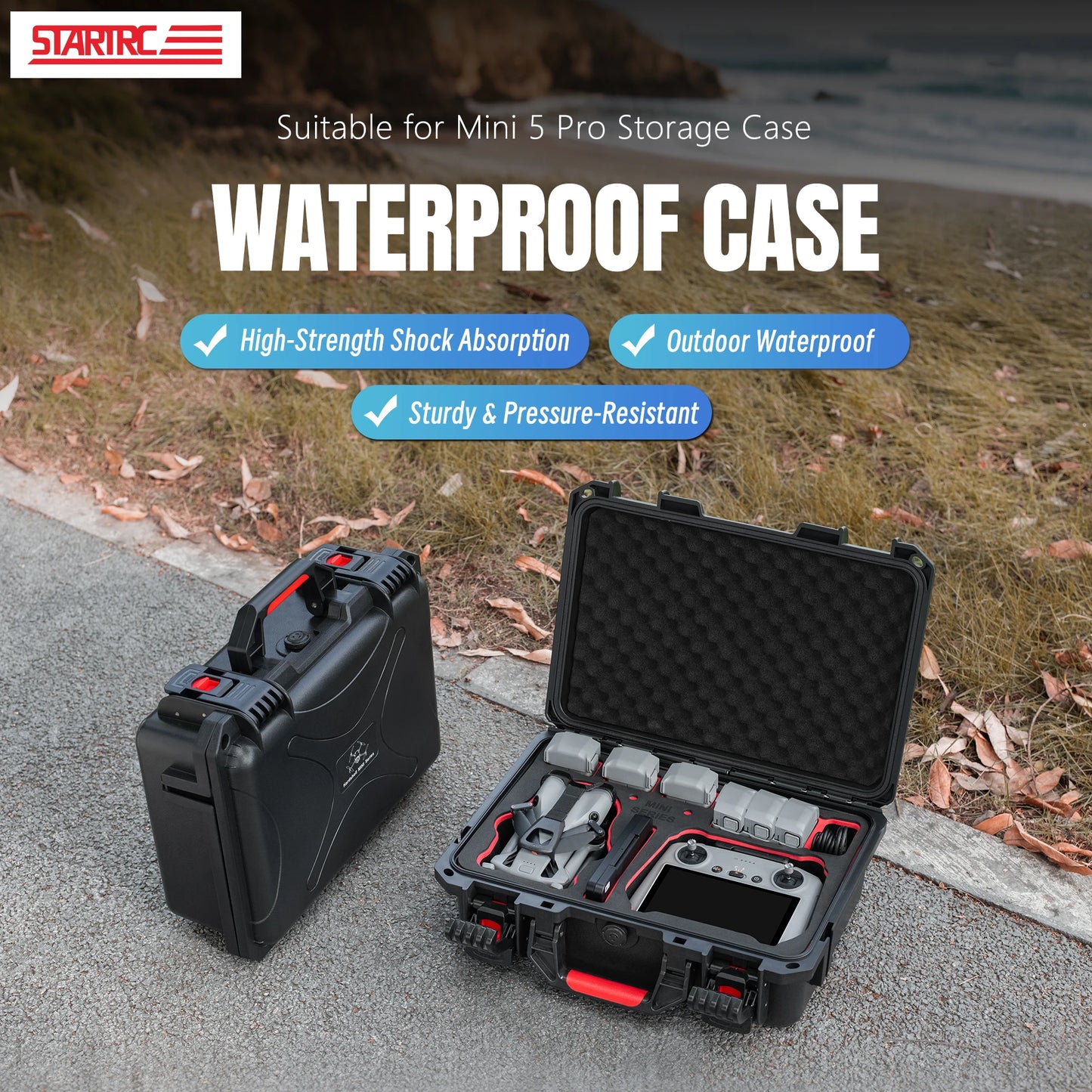 Protect your DJI Mini 5 Pro with a waterproof storage case that features IP67 hard travel protection and holds three batteries.
