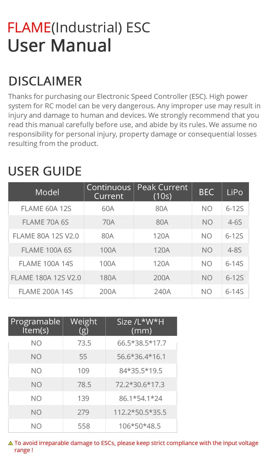 T-motor FLAME 60A 12S HV ESC, ESC user manual: high power system for RC model can be very dangerous . manual