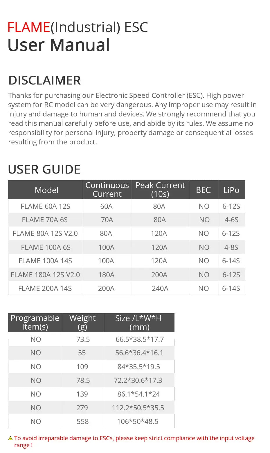 T-motor Flame 180A 6-14S HV ESC, ESC user manual: high power system for RC model can be very dangerous . manual