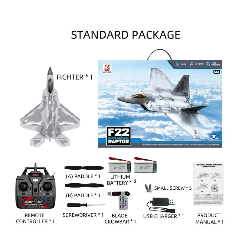 A remote control airplane kit containing a large F22 fighter model, radio transmitter, and accessories like batteries and manual.