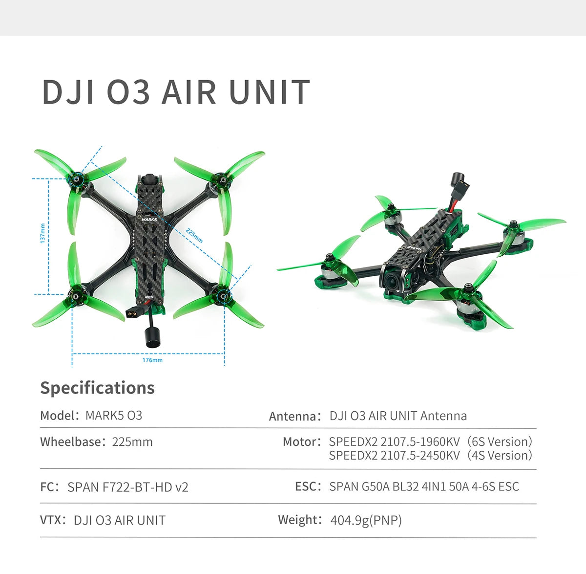GEPRC New MARK5 HD O3 Freestyle FPV Drone - VTX O3 Air Unit Green System 6S RC FPV Built Bluetooth Quadcopter Freestyle Drone 19 GEPRC New MARK5 HD O3 Freestyle FPV Drone, DJI 03 AIR UNIT 176mm Specifications Model: MARKS 03 An