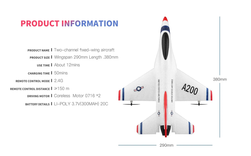 Wltoys A290 F16 RC Airplane, two-channel fixed-wing aircraft PRODUCT SIZE Wingspan 290mm Le