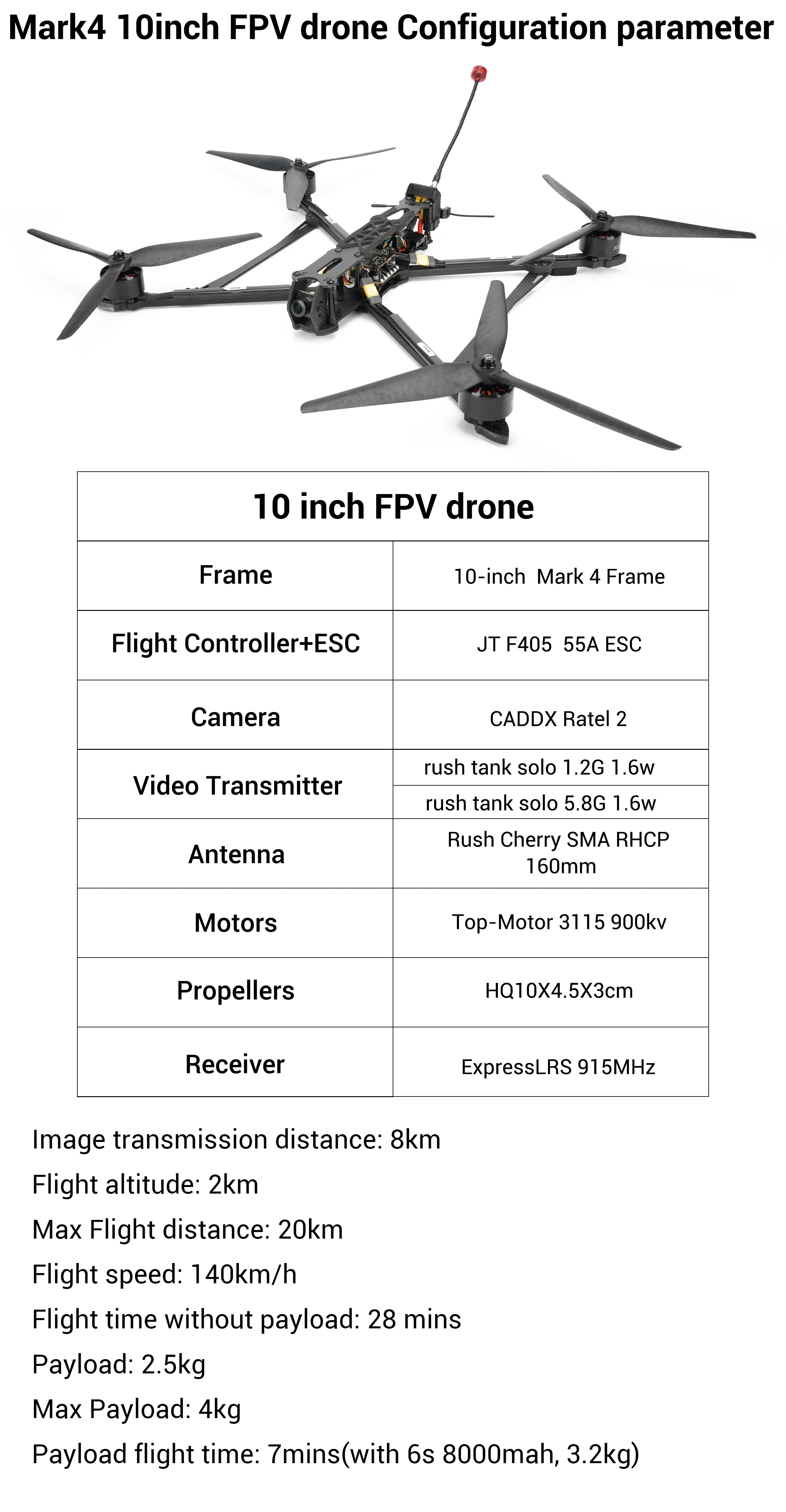 BeyondSky Mark4 10inch FPV, The BeyondSky Mark4 drone features a powerful configuration with JT F405 flight controller, CADDX Ratel 2 camera, and ExpressLRS receiver for efficient image transmission.