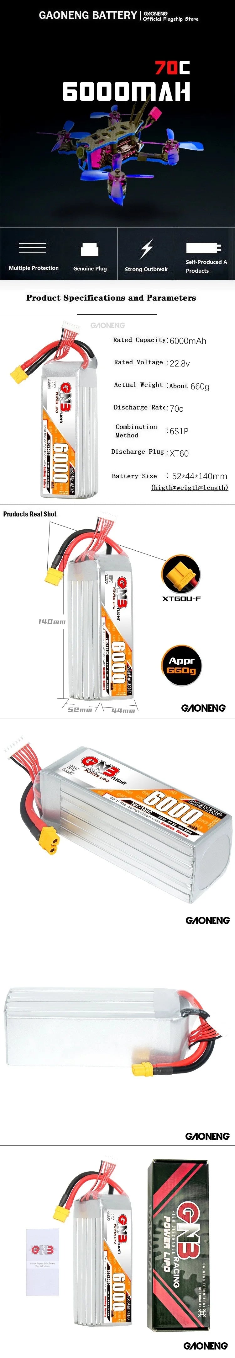 Gaoneng 6S 6000mAh Lipo Battery, genuine design, 22.8V, 70C/140C discharge rate, XT60 and XT90 plugs.