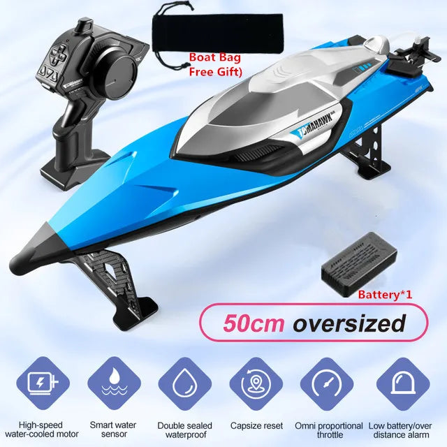 Tccicadas 50CM RC Boat, High-speed 50cm RC boat with waterproof design, capsize reset, smart alarm, and remote control for safe, thrilling aquatic adventures.