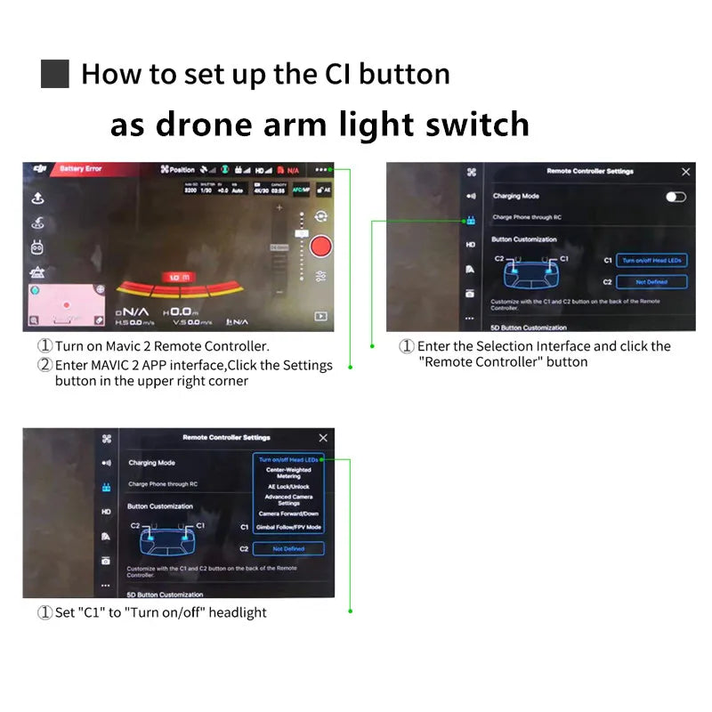 Drone Airdrop, Set up 'Cl' button as drone arm light switch on Mavic 2 Remote Controller.