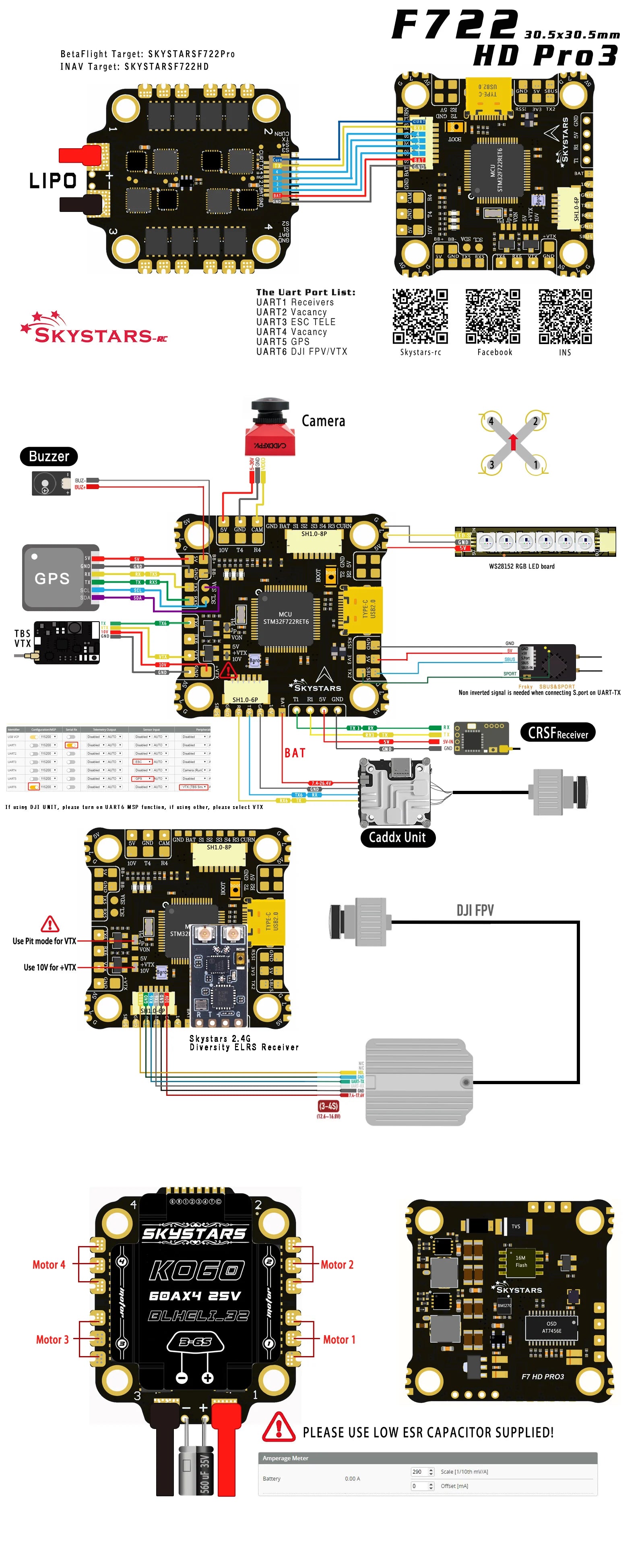 Skystars F7 F722HD PRO3 Flight Controller Stack, SKYSTARSF722 30.Sx30.Smm BetaFlight Target