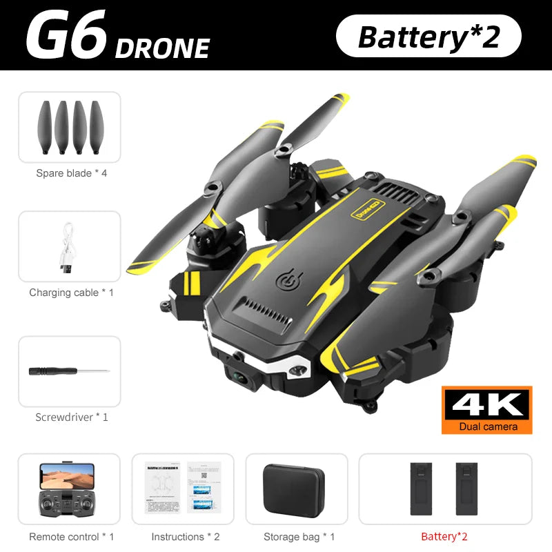 KBDFA G6 Pro GPS Drone, Drone kit with essentials: drone, batteries, blades, charger, tool, cameras, controller, manual, and storage bag.