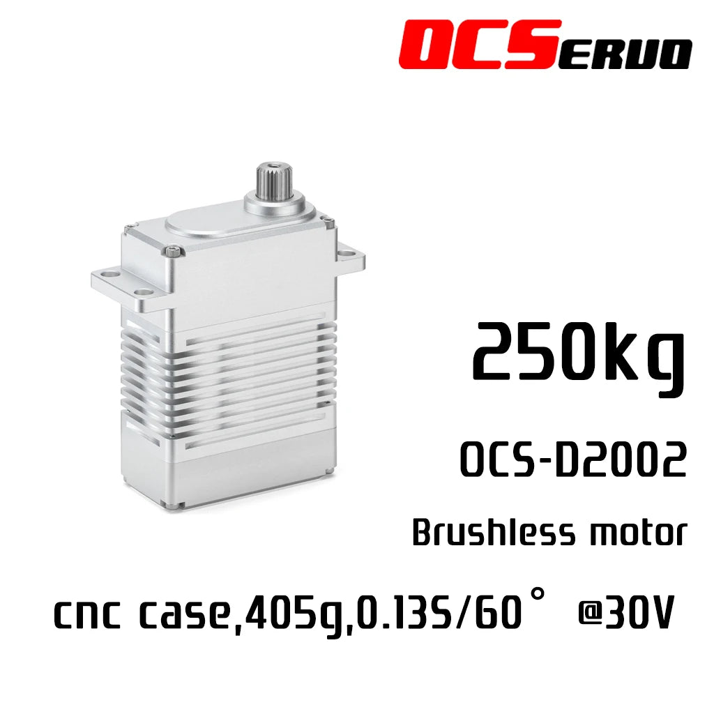 OCServo, OCS-D2002 servo motor features digital brushless PWM control, 250kg.cm torque, and CAN485 communication protocol for CNC applications.