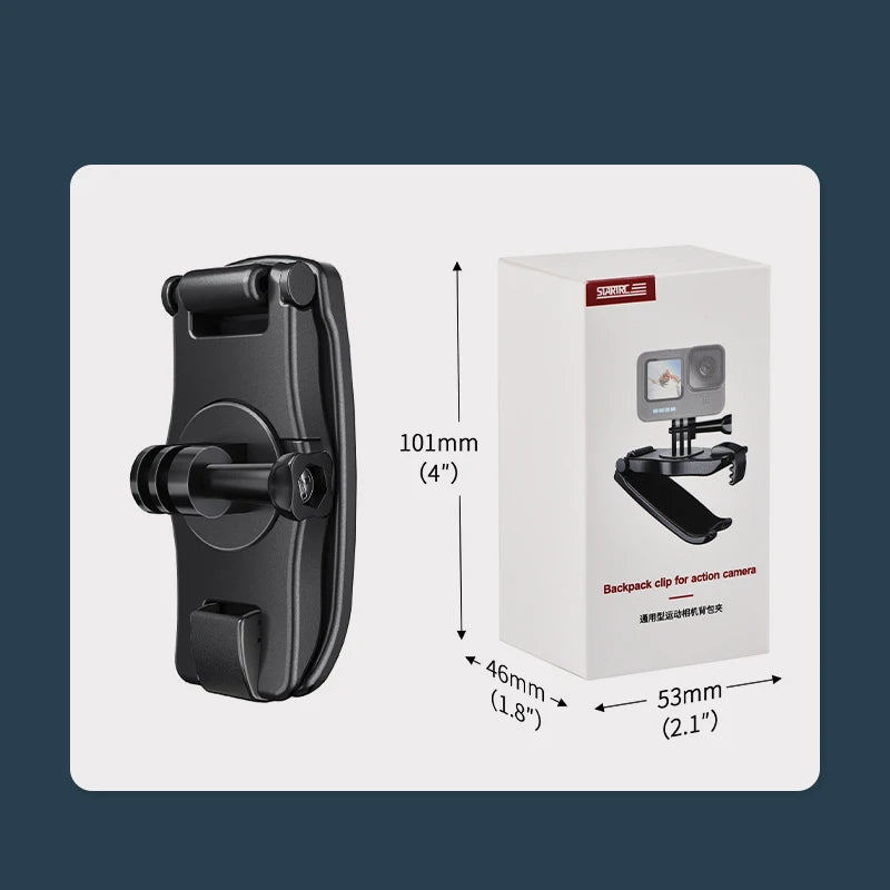 Backpack clip for action camera, 360° rotating mount, compatible with multiple models.