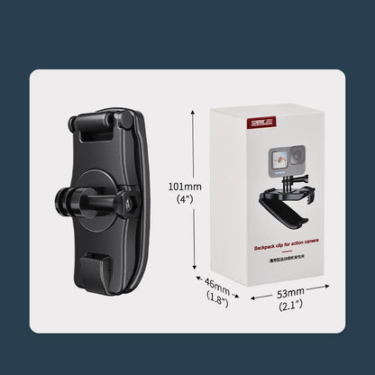 Backpack clip for action camera, 360° rotating mount, compatible with multiple models.