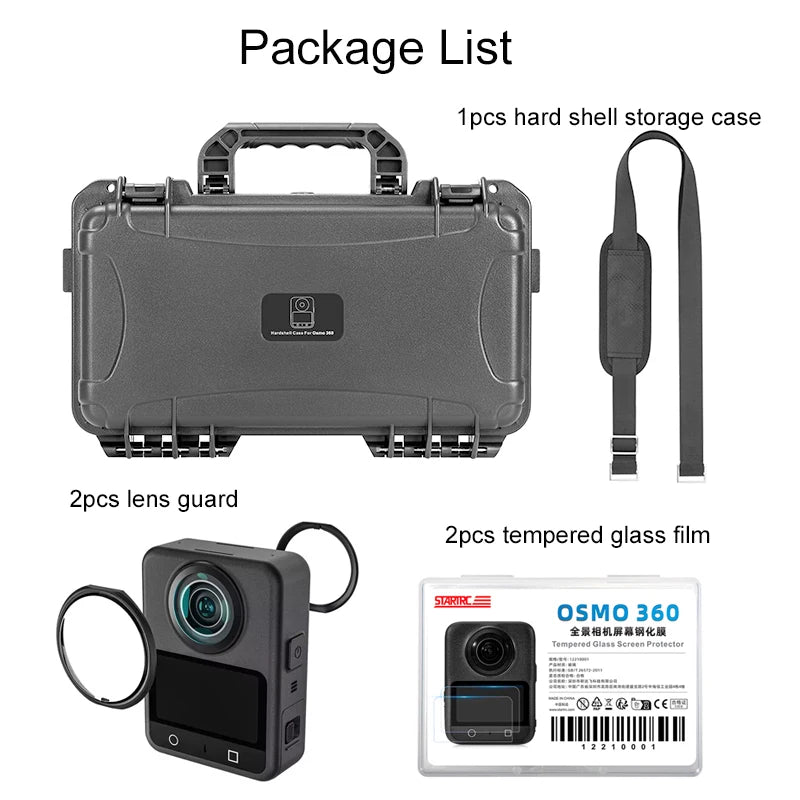 Durable hard shell case with lens guards, tempered glass films, strap, EVA lining, pressure valve, and waterproof protection for DJI Osmo 360.