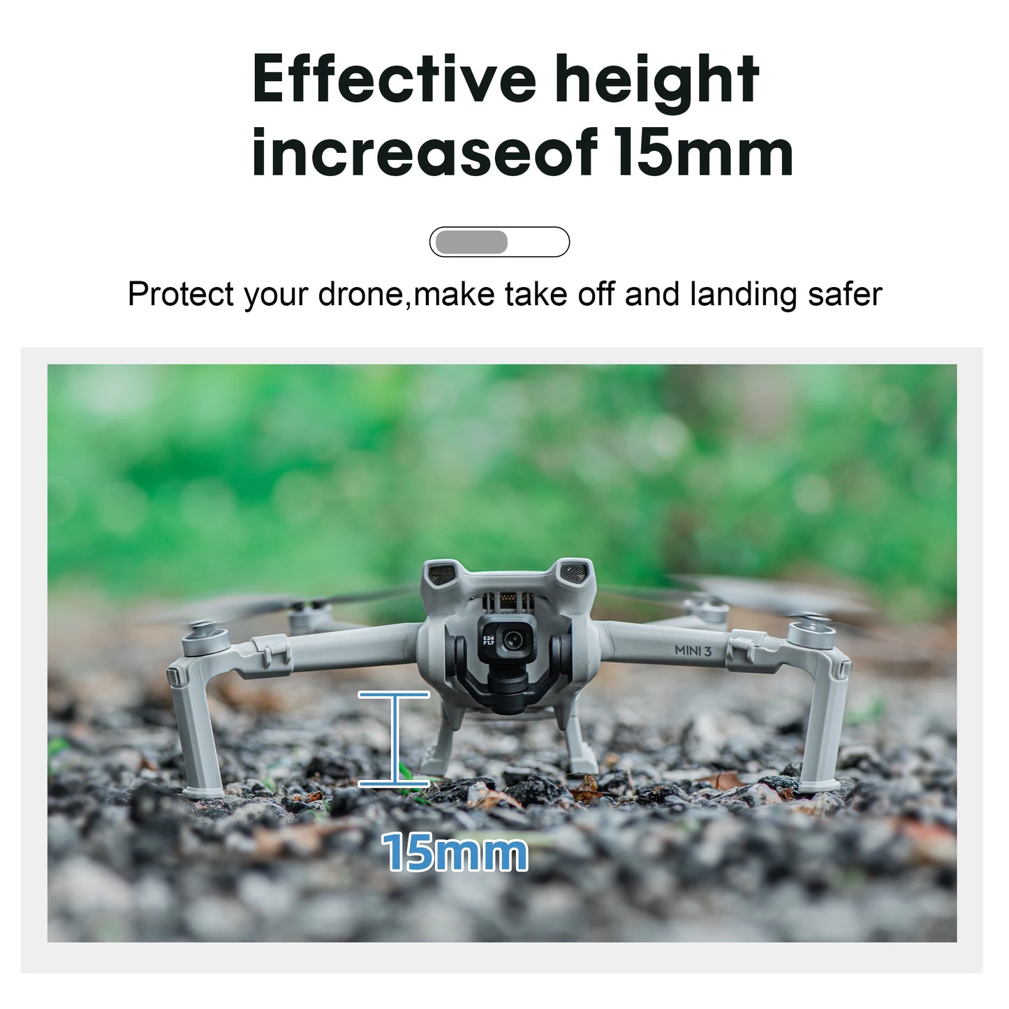 Landing Gear, Landing gear raises drone 15mm for safer takeoff/landing; foldable, quick-release design compatible with DJI Mini 3/Mini 3 Pro.