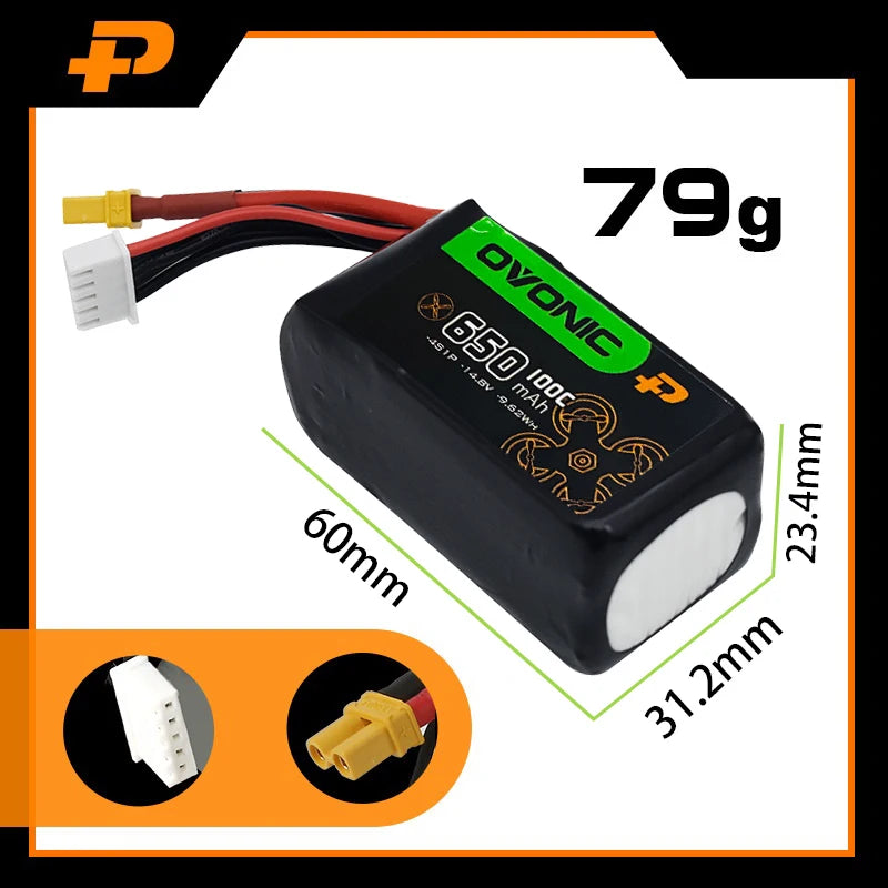 باتری Lipo Ovonic 4S 14.8V 650mAh 100C برای پهپاد FPV با دوشاخه XT30