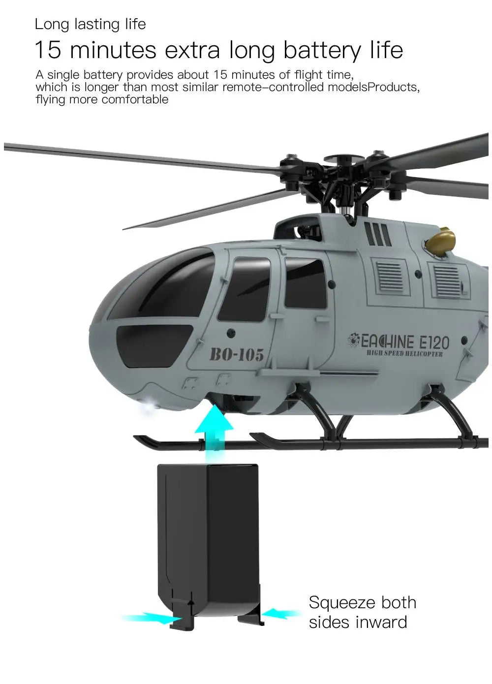 Eachine E120 RC Helicopter, long lasting life 15 minutes extra long battery life single battery provides about 15 minutes of flight time which