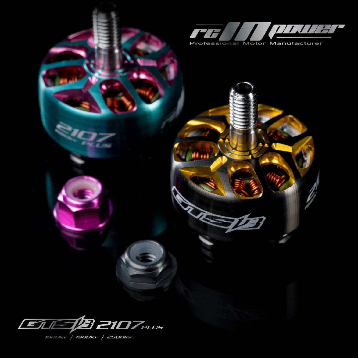 RCINPower GTS V3 2107 Plus brushless motor for FPV racing drones, with 1980KV/2080KV/2480KV options.