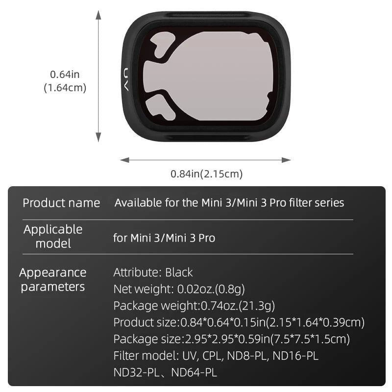Camera Lens Filter for DJI Mini 3 Pro, 0.0202. (0.8g) Package weight:0.7402.(21.3g)