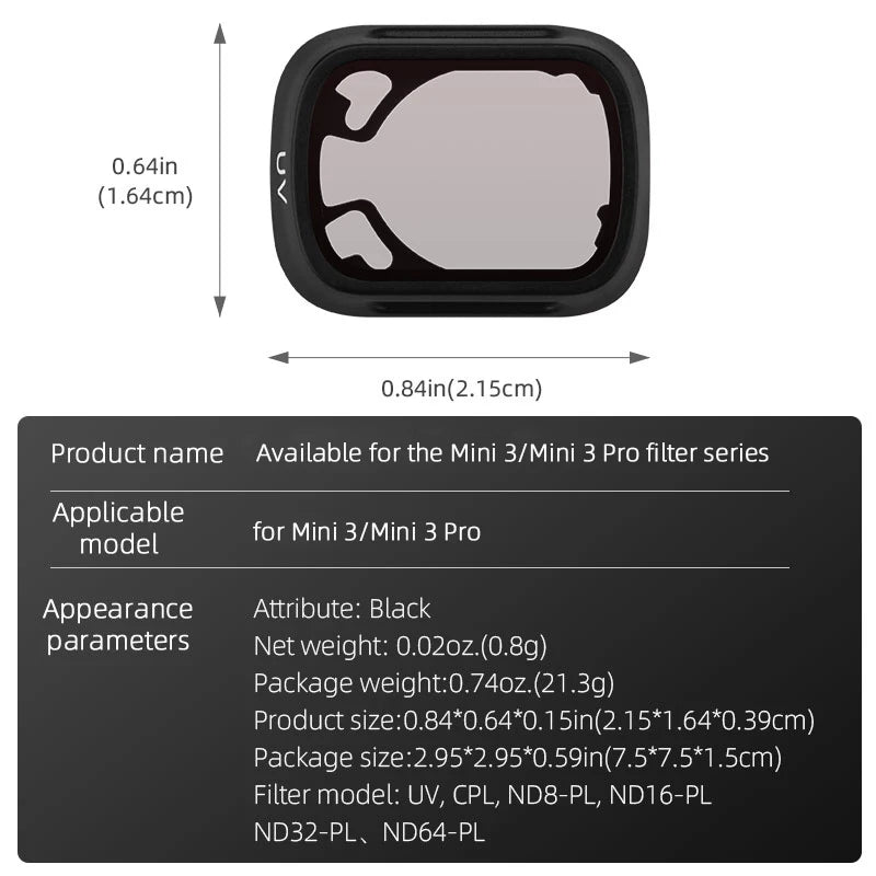 Camera Lens Filter for DJI Mini 3 Pro - UV CPL ND8PL ND16PL ND32PL ND64PL Filters Kit For Mavic Mini 3 Pro Drone Accessories 18 Camera Lens Filter for DJI Mini 3 Pro, 0.0202. (0.8g) Package weight:0.7402.(21.3g)