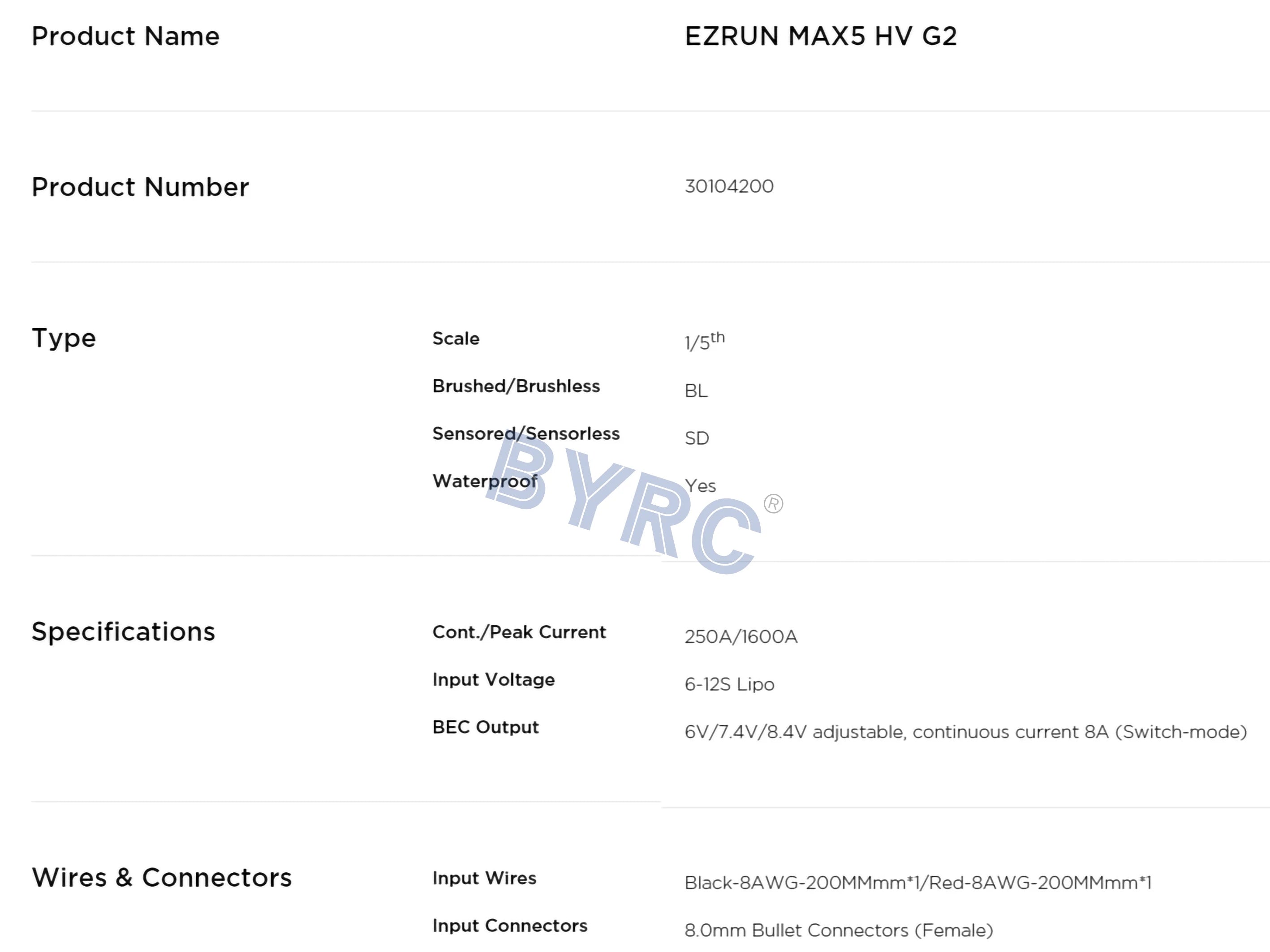 Hobbywing EZRUN MAX5 HV G2 ESC, EZRUN MAXS HV G2 Product Number 30104200 Type Scale