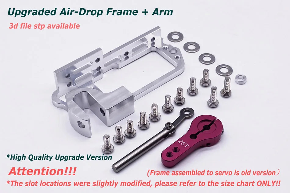 SKYTEAM 35kg Digital Air-drop, Upgrade notice for high-quality frame; newer version has different servo arm slots.