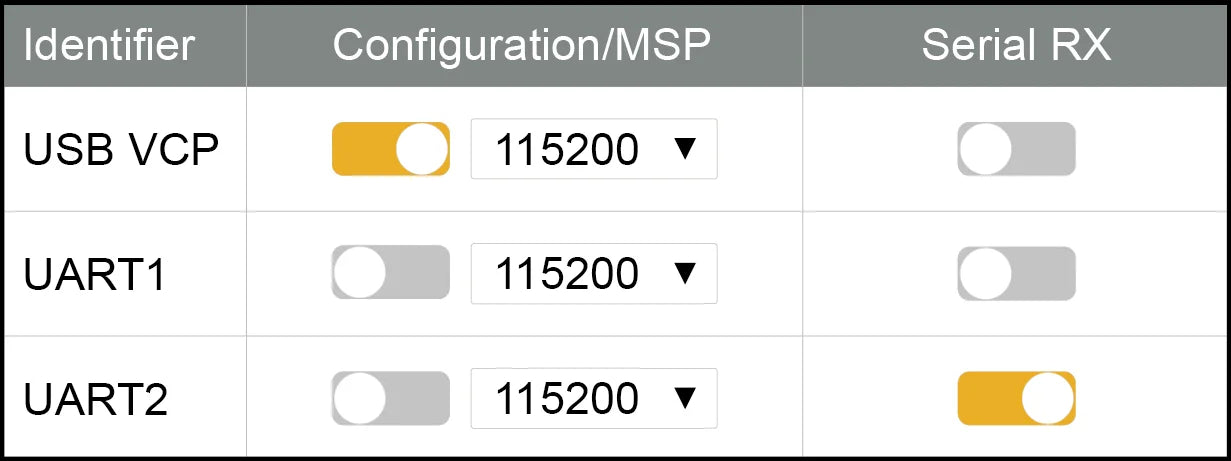 Identifier Configuration/MSP Serial RX USB VCP 115200 UART