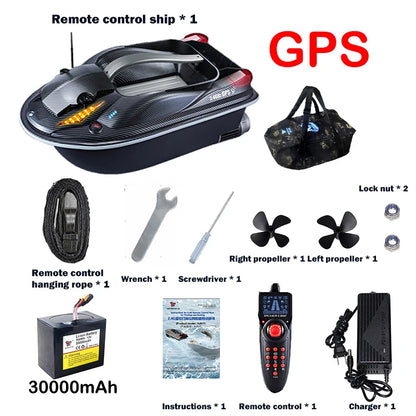 HJ817 RC Fishing Boat, GPS RC fishing boat includes remote, battery, charger, propellers, tools, and accessories for convenient, precise fishing control.