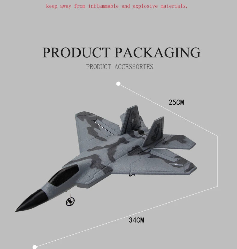 FX-622 F22 RC Plane, keep away from inf ammable and explosive materials . PRODUCT PACKAG