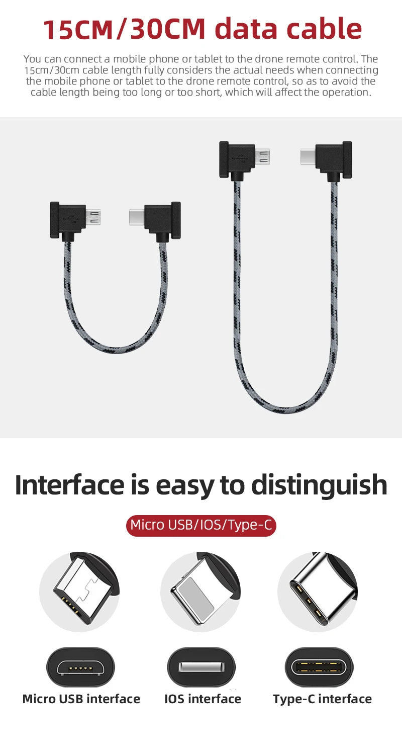 OTG Data Cable for DJI Mavic 2/Mini/SE/Pro/Air/Spark Drone Remote Control to Phone Tablet Micro USB Type-C IOS Connector Line 30 1Scm / 30cm cable length considers the actual needs when connecting the