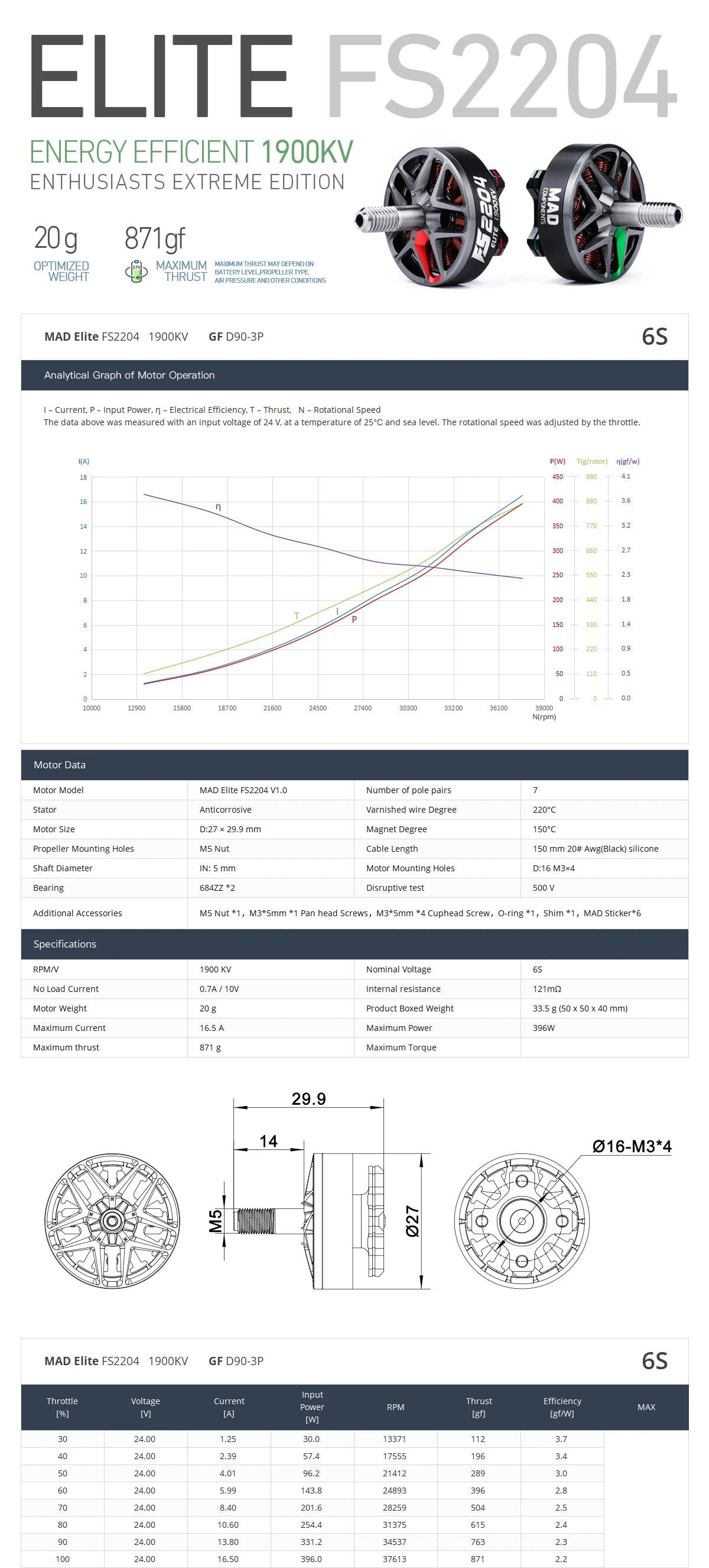 MAD ELITE FS 2204 Brushless Motor, Brushless motor for GF3630/GF D90-3B drone with 3-blade propeller, suitable for freestyle and racing.