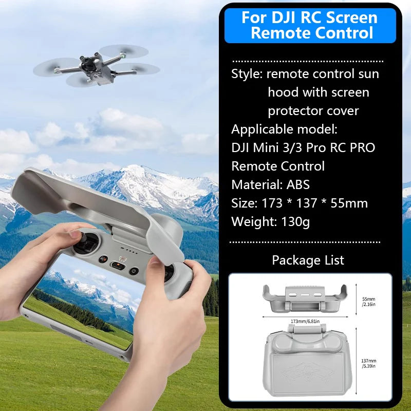 StartRC 2-in-1 Sun Hood Joystick Cover, Sun hood with screen protector for DJI RC Pro, fits Mini 3/3 Pro/4 Pro. ABS material, includes cover and joystick shield. 173×137×55mm, 130g.