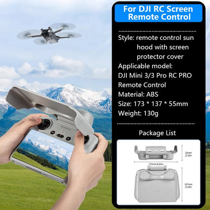 StartRC 2-in-1 Sun Hood Joystick Cover, Sun hood with screen protector for DJI RC Pro, fits Mini 3/3 Pro/4 Pro. ABS material, includes cover and joystick shield. 173×137×55mm, 130g.