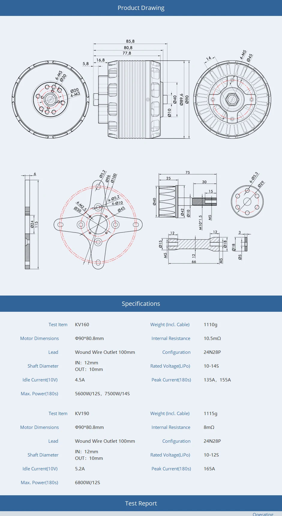 T-MOTOR AT8030 85CC KV160/KV190 AT80 Brushless Drone Motor Series Power And Balanced Excellent Control 13 T-MOTOR, KV16O Weight (Incl. Cable) 1110g Motor Dimensions
