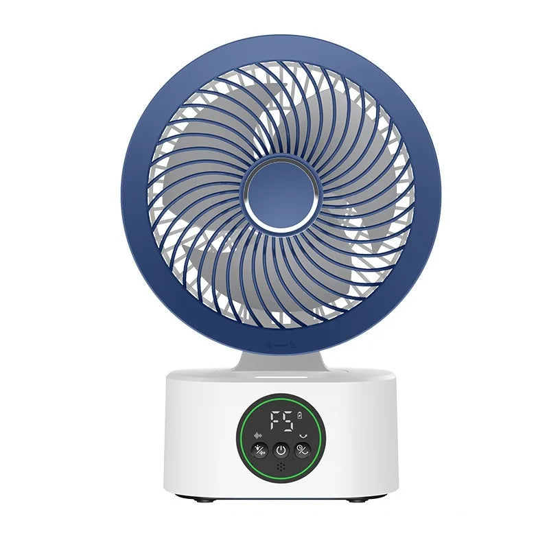 Blue grille air circulator fan, front view with circular LED control panel on base