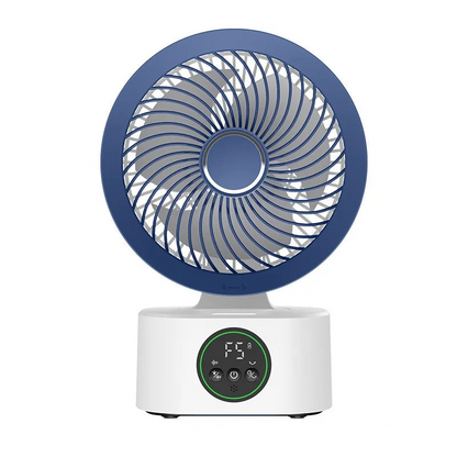 Blue grille air circulator fan, front view with circular LED control panel on base