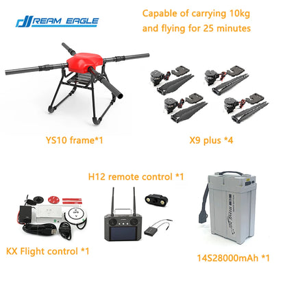 Dreameagle YS10 Transport Drone, The Dreameagle YS10 drone frame features a Hobbywing X9 Plus controller and 10kg payload capacity, suitable for industrial use.