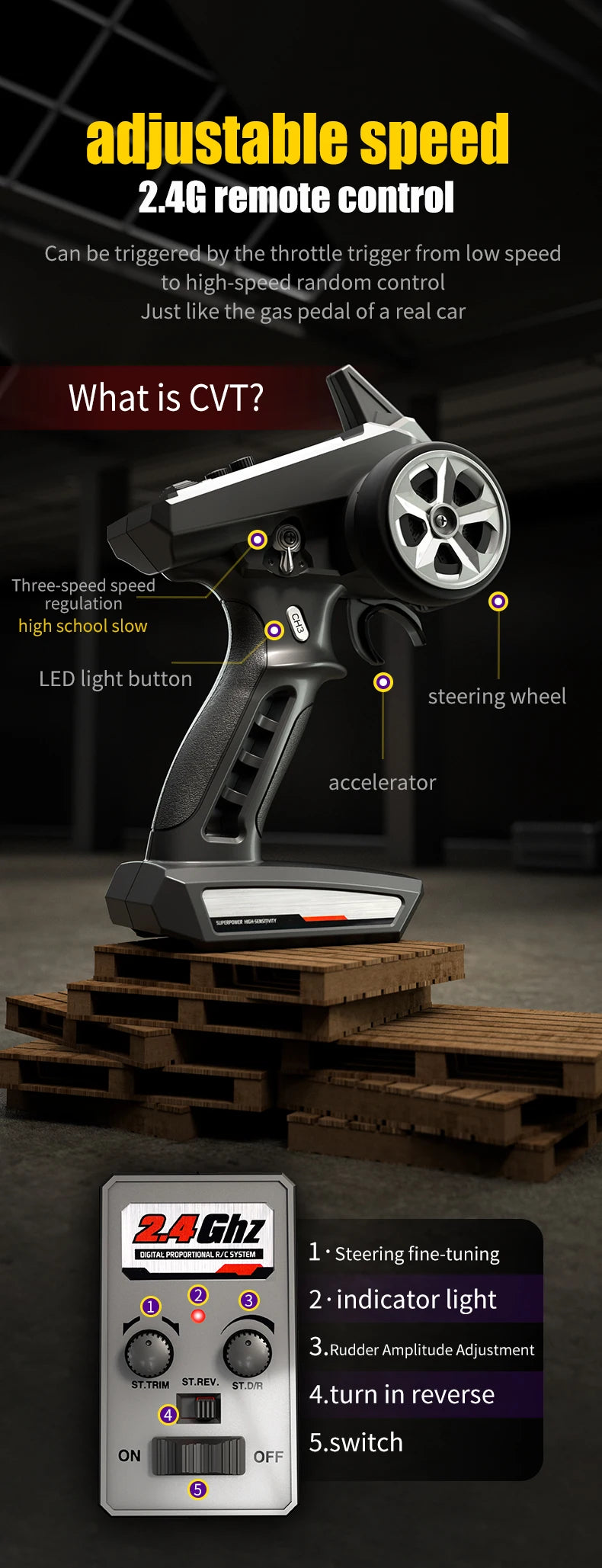 adjustable speed 2.4G remote control can be triggered by the throttle trigger from low speed to