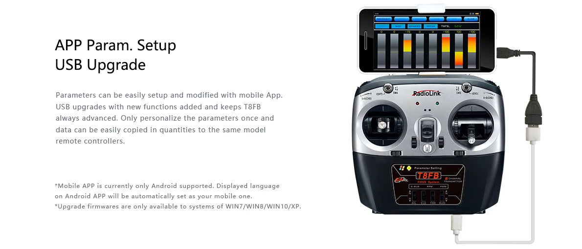 Setup USB Upgrade Parameters can be easily setup and modified with mobile App Radiolink USB