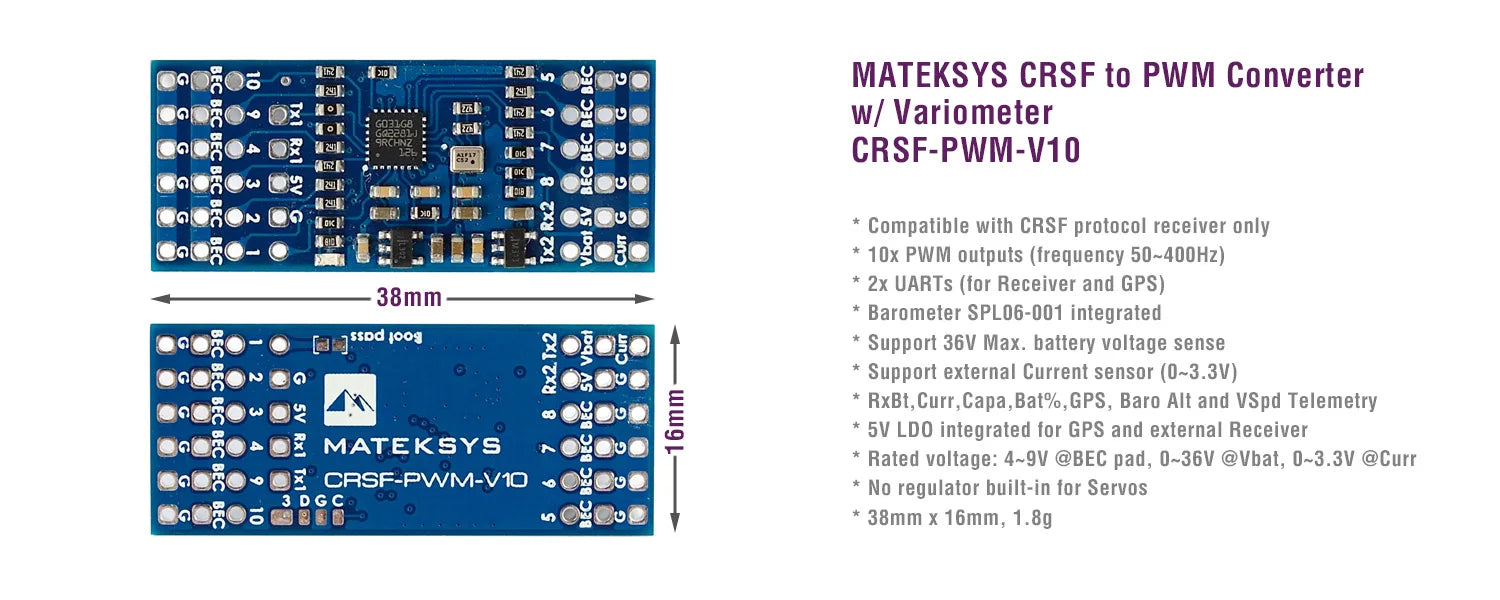 MATEK CRSF-PWM, 1Ox PWM outputs (frequency 50400Hz) 2x UARTs