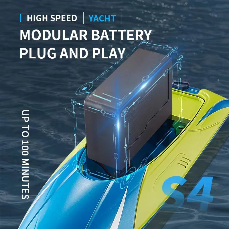 S4 RC Boat 15KM/H High-Speed, Double Rudder Motor, Waterproof ABS, 2.4G 100m Range, 3.7V 800mAh, USB Charging, LED