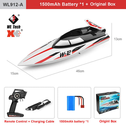 WLtoys WL916 & WL912‑A RC Boat, WL Tech WL912-A RC boat, 46cm, 2.4GHz, high-speed racing with 1500mAh battery, remote, charging cable, and original box included.