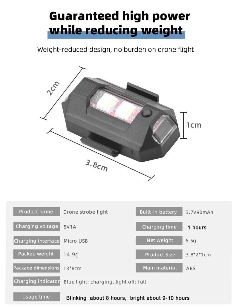 Universal Drone Strobe Lights LED Lamp for DJI Mavic 3/2/MINI 3 Pro/Air2/2S/MINI 2/SE Signal Indicator Turn Lights Strobe Light 17 3.8*2*1cm Package dimensions 13*8cm Main material ABS Char