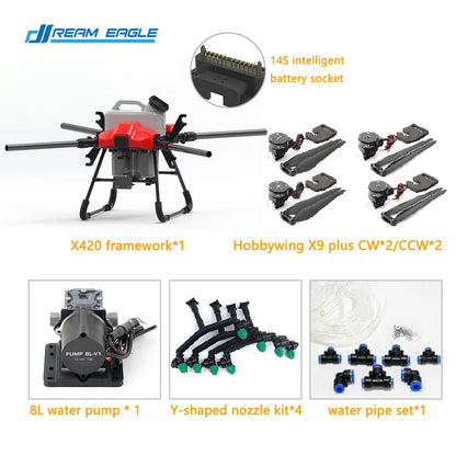 Agricultural spray drone features 20L capacity, 4-axis system, and Hobbywing X9 plus motor for spraying crops.