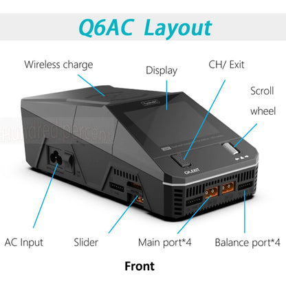 ToolkitRC Q6AC 1-6S Lipo Battery Charger, This toolkit has wireless charging, LCD display, and scroll wheel for easy operation, with multiple charging ports for various devices.