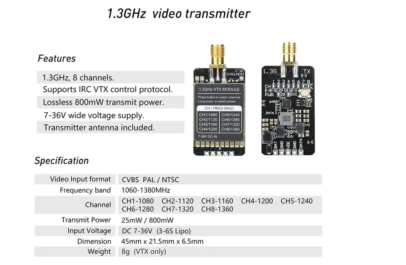 Rush 1.3G 1.2G 800MW 8CH VTX. 1.36Hz video transmitter Features coxinco 1.36 GX 1.3GHz. 8