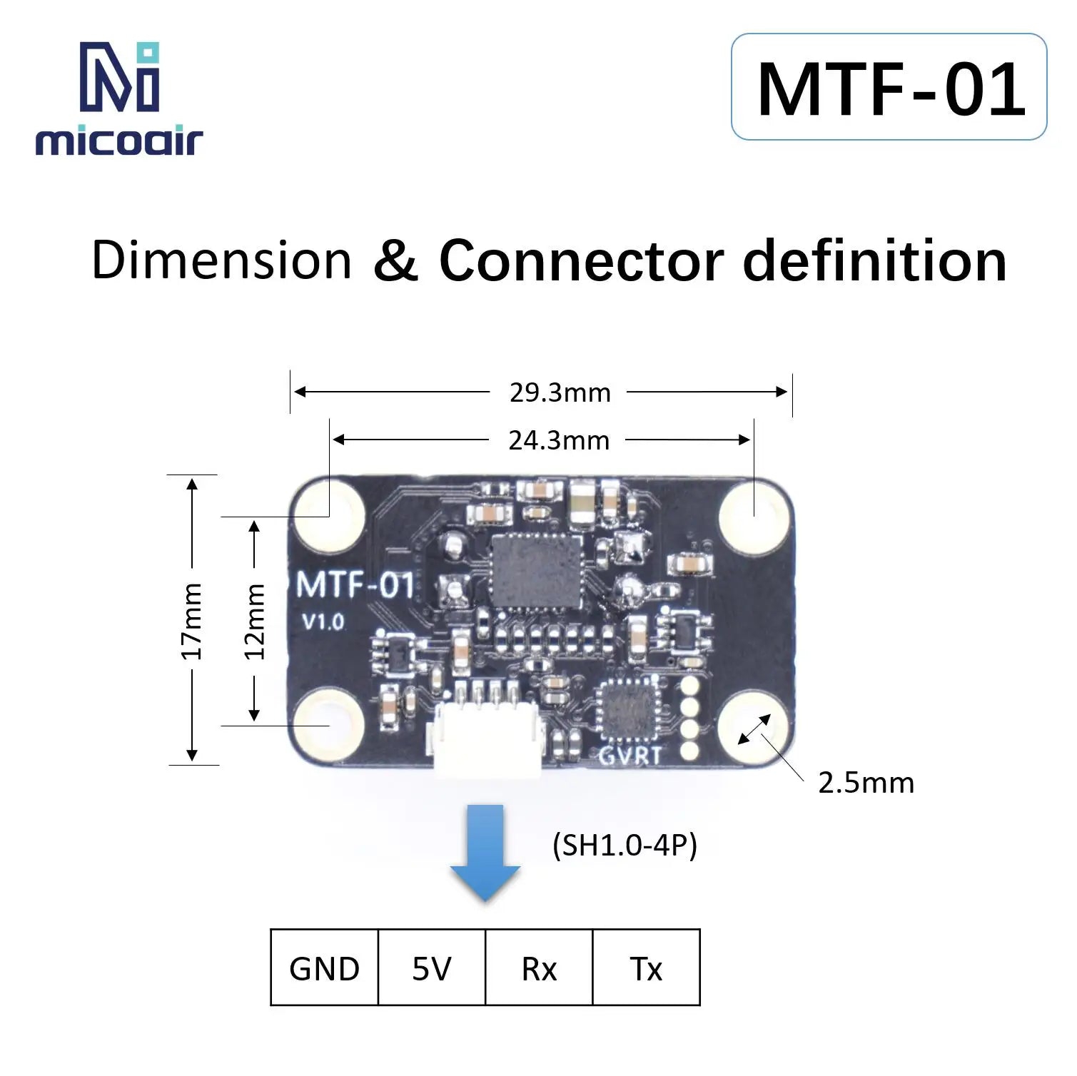 MTF-01 MicoAir Optical Flow Lidar Sensor, MTF-01 Micooir specifications: compact size, GVRT, SH connector, ground voltage, and receiver-transmitter functionality.